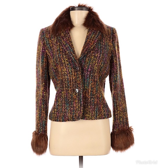 Karen Kane Jackets & Blazers - KAREN KANE Fur Trim Blazer Boucle Brown Multicolor